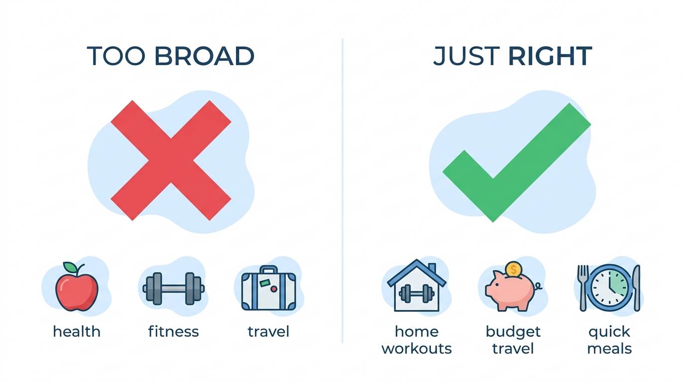 Flat comparison: too broad niches with red X versus just right focused niches with green check – choose the right blog niche width