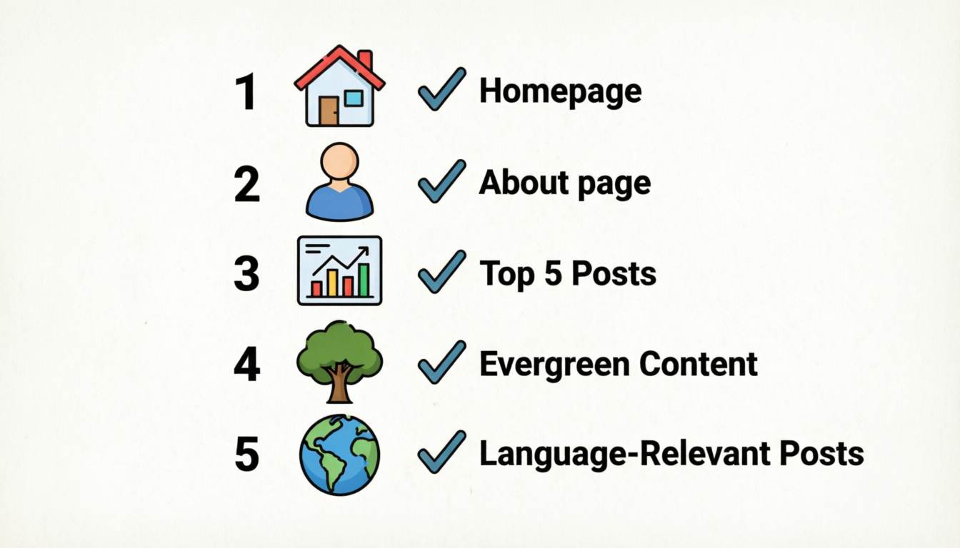 Flat priority list showing order: homepage, about page, top 5 posts, evergreen content, language‑relevant posts