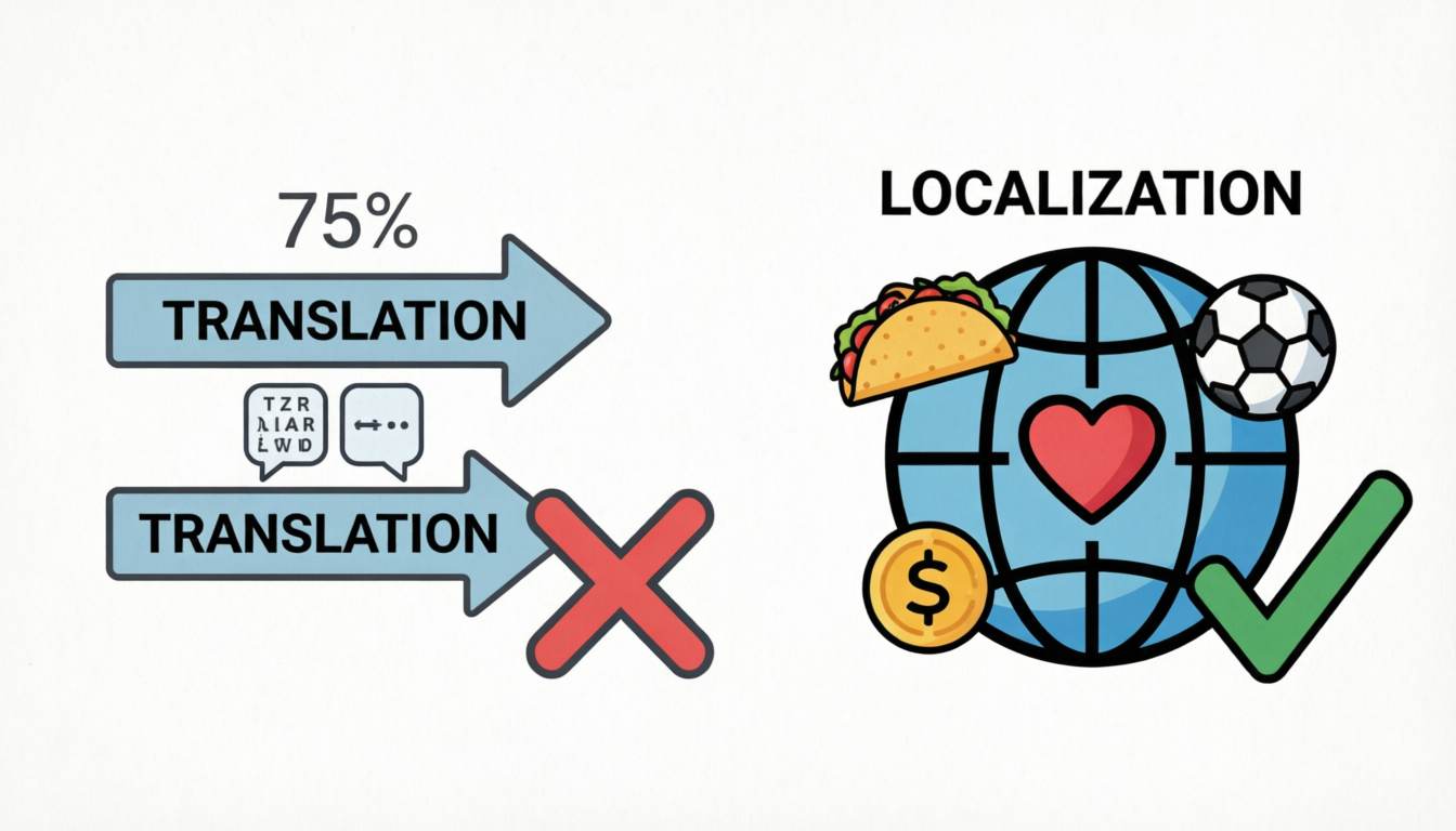 Flat comparison: translation (word‑for‑word) with red X versus localization (culture, tone, references) with green check