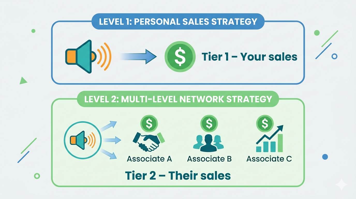 Two-tier diagram: first level shows dollar sign for direct sale, second level shows dollar signs for referred affiliates' sales – explaining two-tier affiliate programs