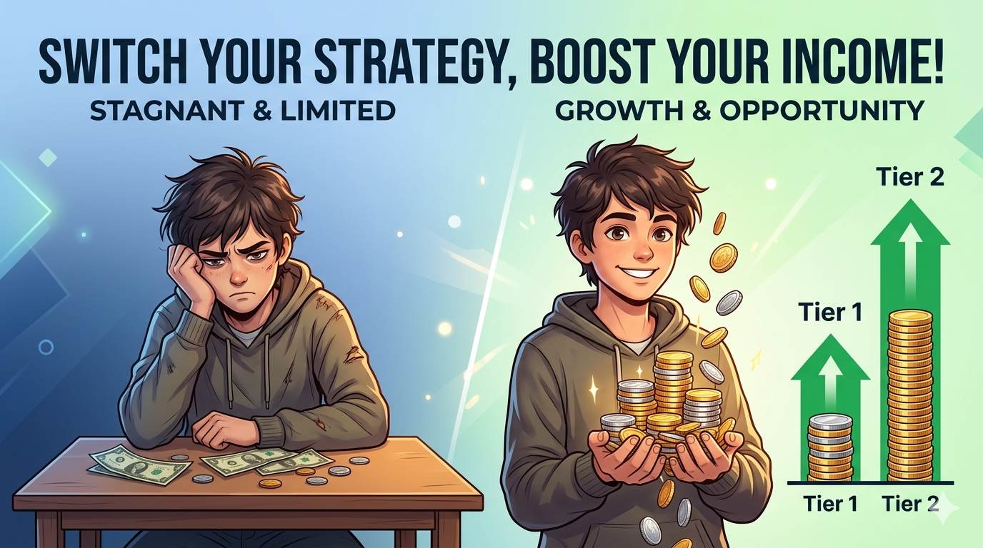 A person looking at a table with money left behind, then smiling with a growing stack of coins and a second-tier diagram – stopping leaving money on the table with two-tier affiliate programs