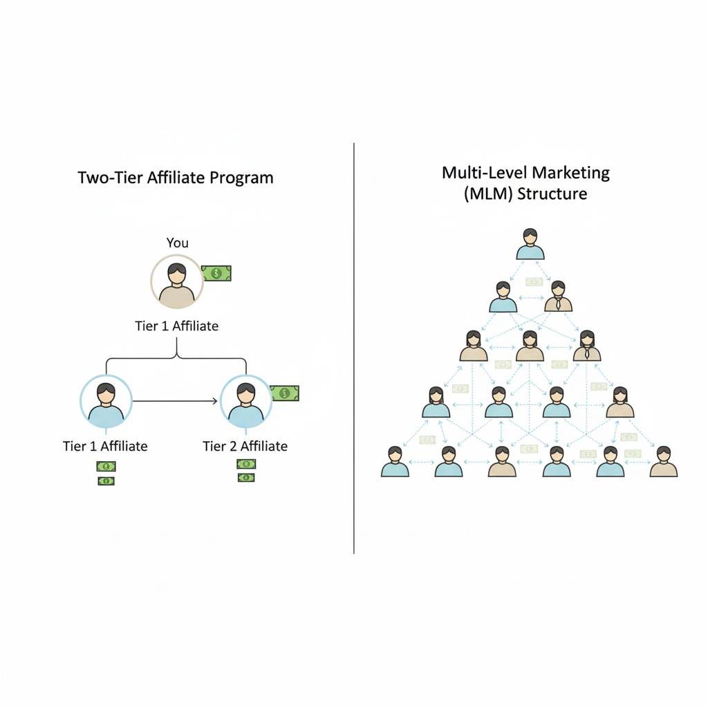 Difference between two-tier affiliate programs and MLM explained visually