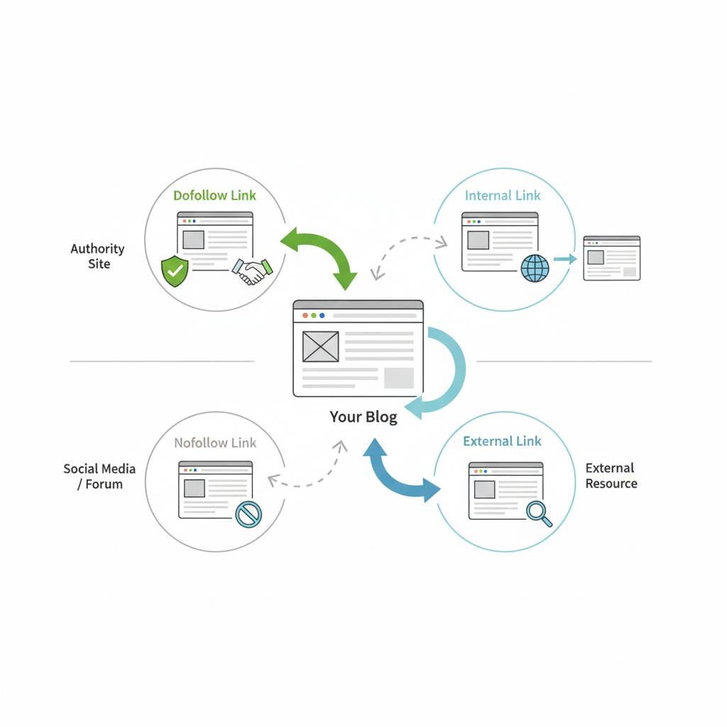 Different types of SEO backlinks including dofollow, nofollow, internal and external links