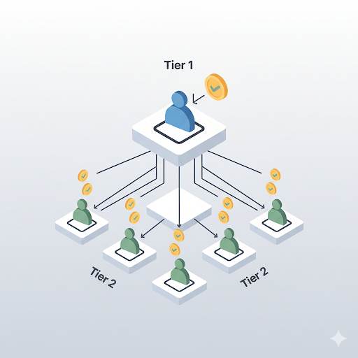 explaining what Two-Tier Affiliate Programs are, showing a two-level network where affiliates earn from their sales and the sales of those they recruit