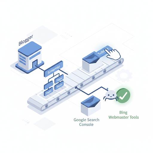 explaining what a sitemap in Blogger is and how to set it up, showing automated generation and submission to search consoles for better indexing