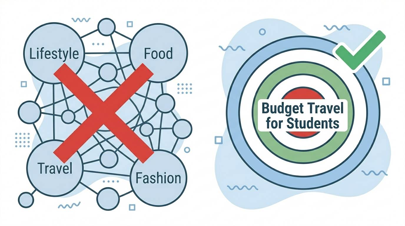 Flat comparison: broad blog with red X vs focused niche with green check – why a blog niche matters