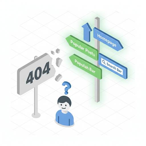 explaining what a custom 404 page is, showing a helpful signpost at a dead-end that guides lost visitors back to useful content on your blog