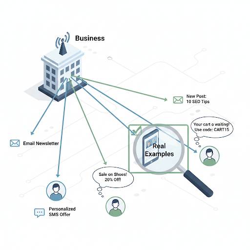 explaining what direct marketing is, showing direct communication lines like emails and SMS with real-world examples