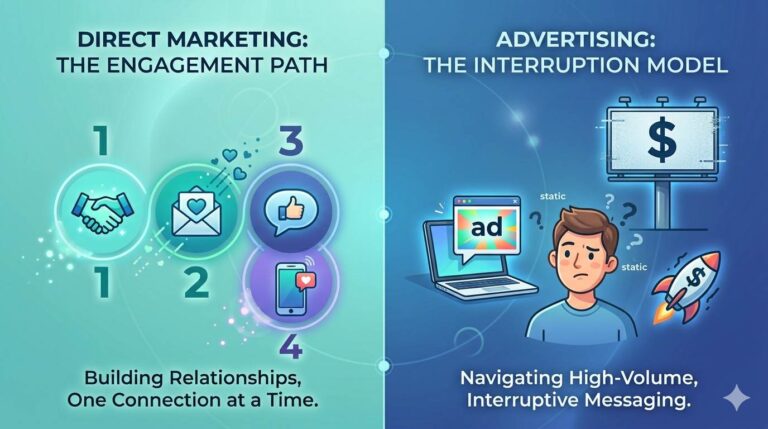 Person comparing direct marketing (envelope, chat bubble, phone) vs ads (billboard, laptop ad) – showing which works better