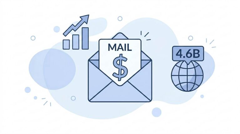 Flat design: envelope with dollar sign, rising chart, and 4.6B globe – email marketing ROI and scale