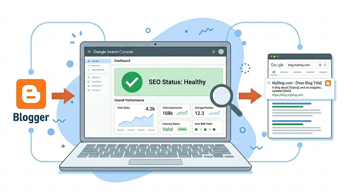 Flat diagram showing Blogger blog connected to Google Search Console then to search results β how Google Search Console works for Blogger