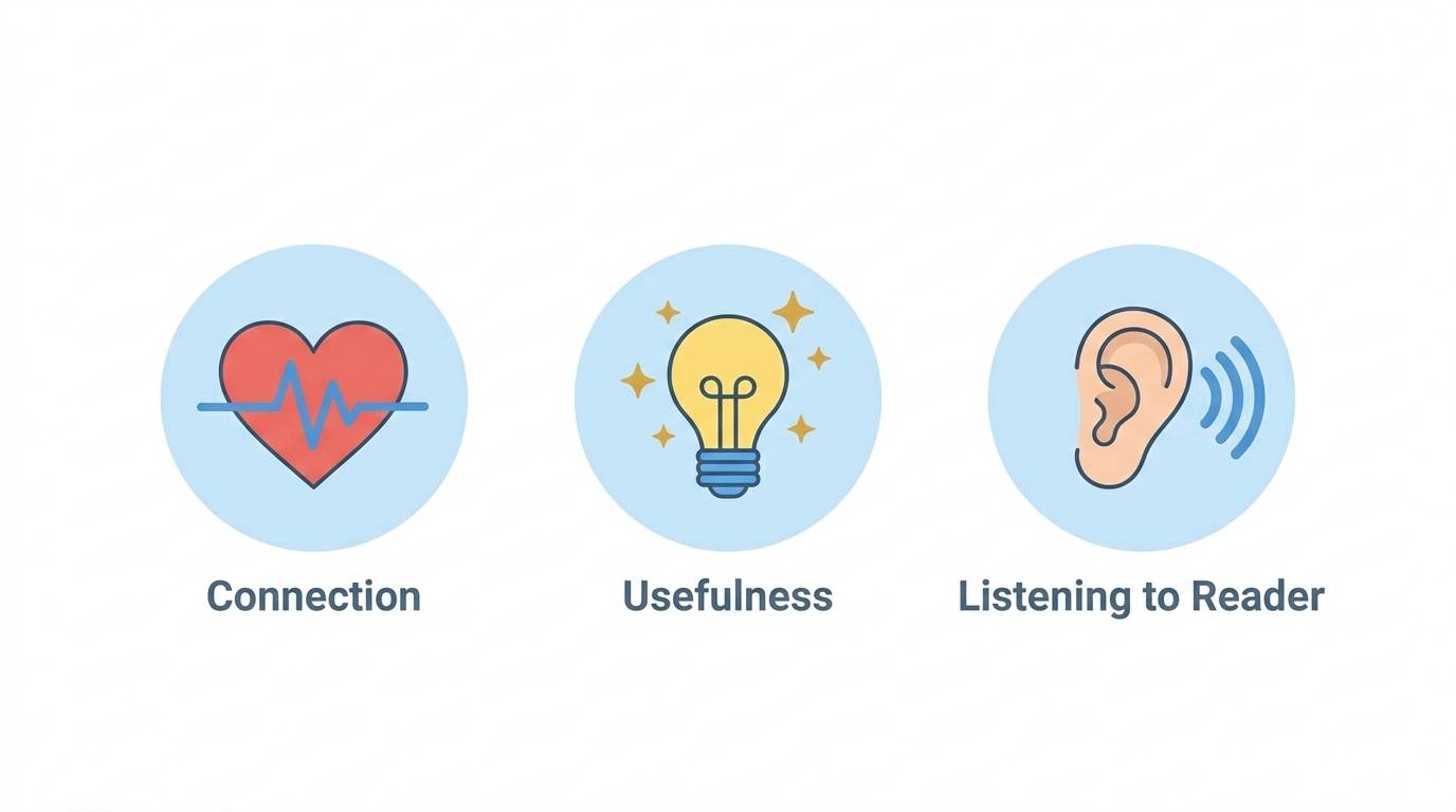 Three flat icons: heart for connection, lightbulb for usefulness, ear for listening – what quality content writing means