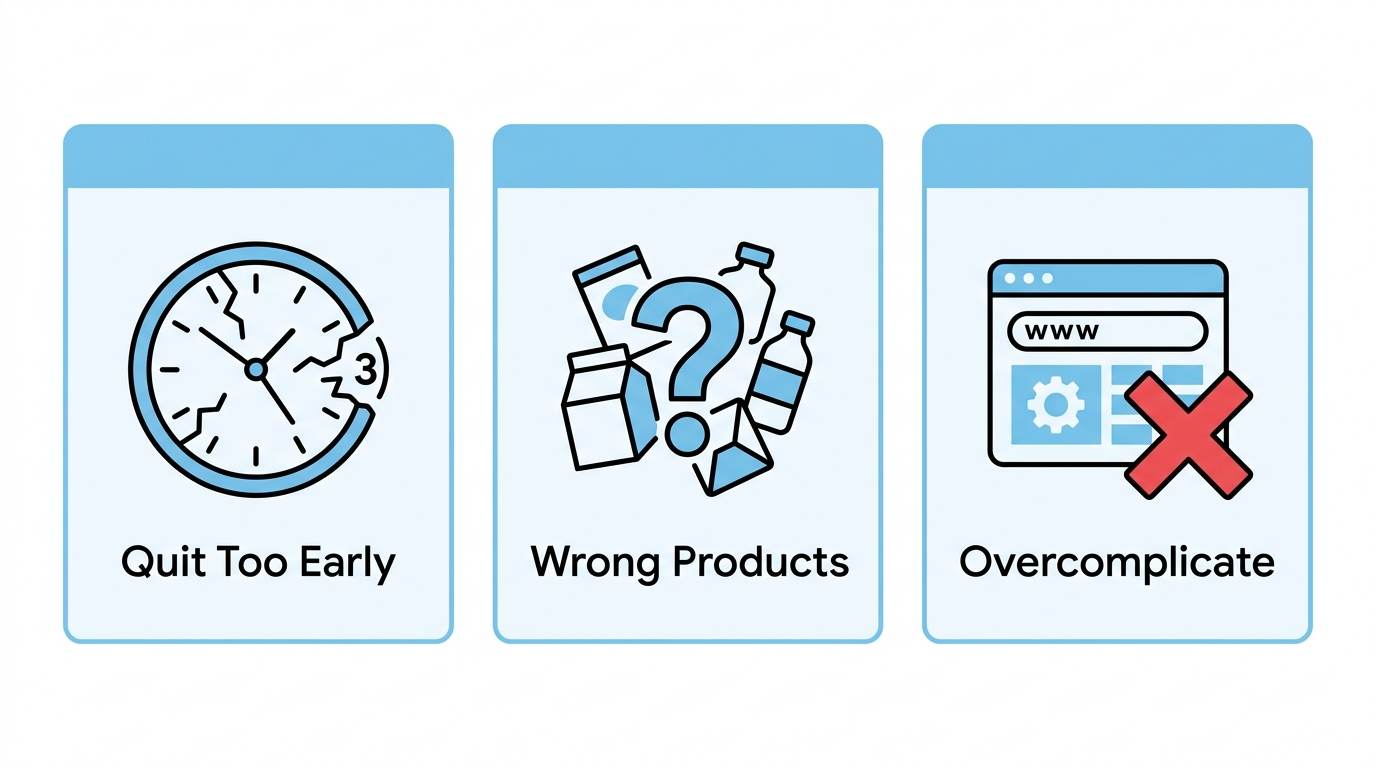 Three flat cards showing common mistakes: quitting early, promoting wrong products, overcomplicating with website