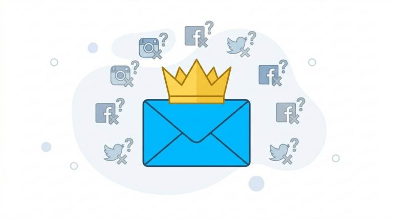Flat design: envelope with crown beating faded social media icons – why email marketing is important