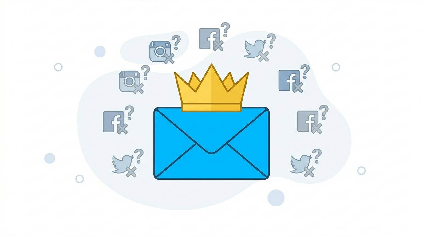 Flat design: envelope with crown beating faded social media icons – why email marketing is important
