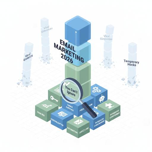 showing 7 reasons why email marketing is important, depicted as unignorable blocks supporting a strong, futuristic pillar