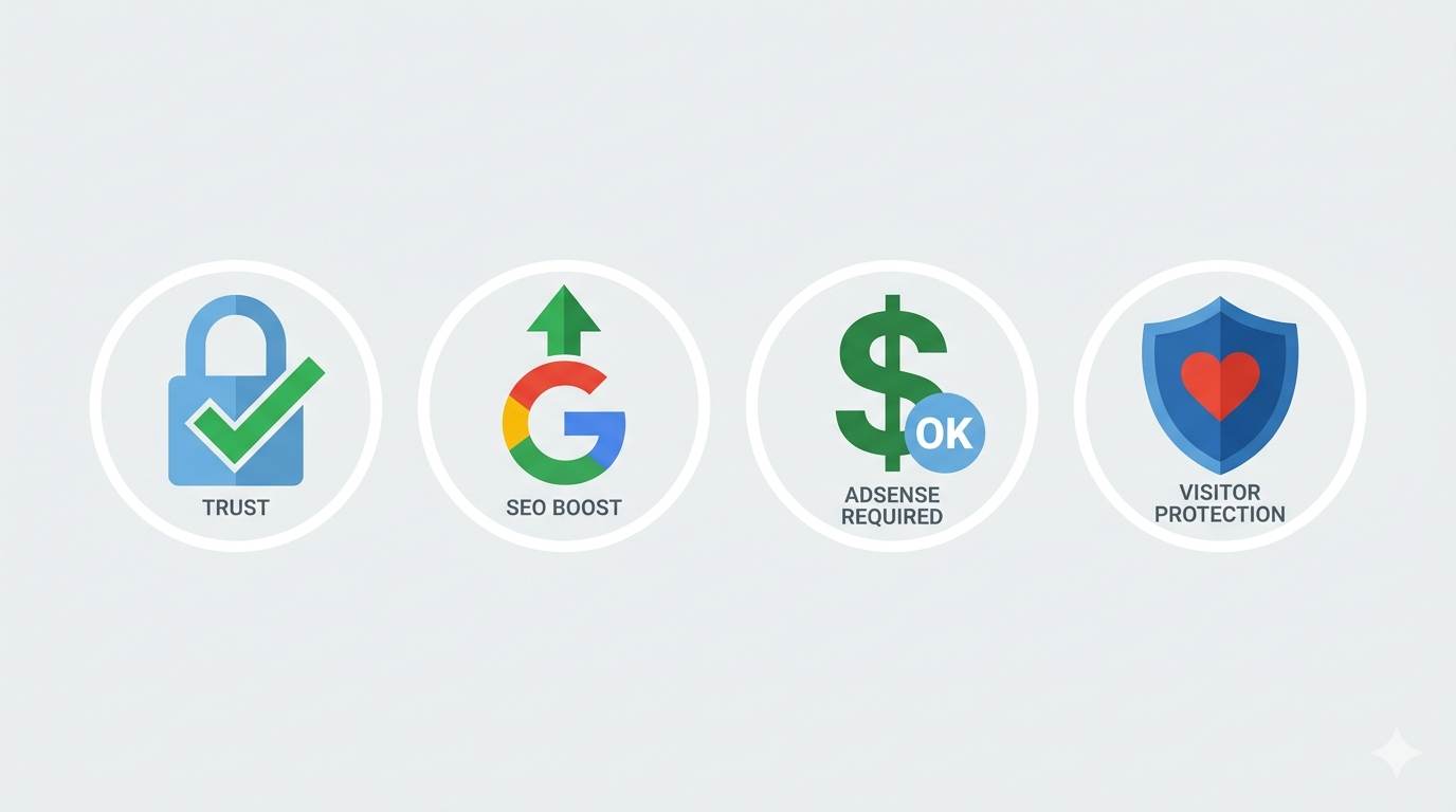 4 icons: padlock with checkmark (trust), Google logo with arrow up (SEO), dollar sign (AdSense requirement), shield (visitor protection) – reasons to enable HTTPS on Blogger