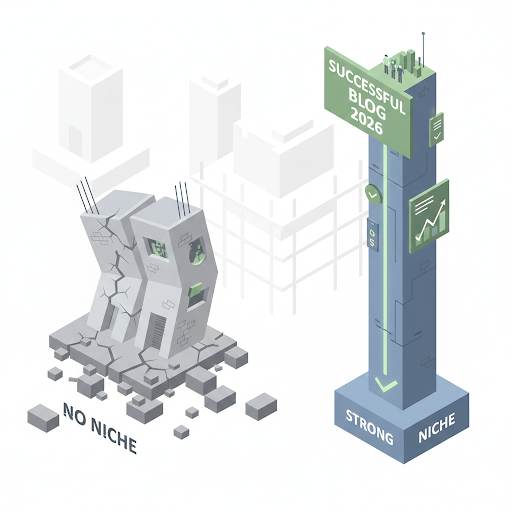 explaining why a niche is important in 2026 as the foundation of a successful blog, comparing a shaky general base to a solid, specialized one