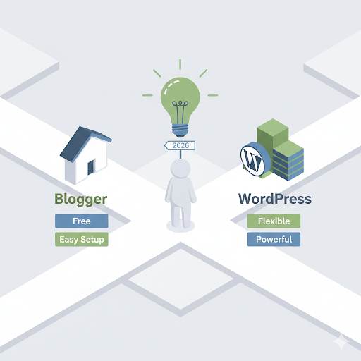 A comparison flat illustration for beginners in 2026, weighing WordPress vs Blogger at a crossroads, highlighting simplicity vs flexibility to help choose the right platform