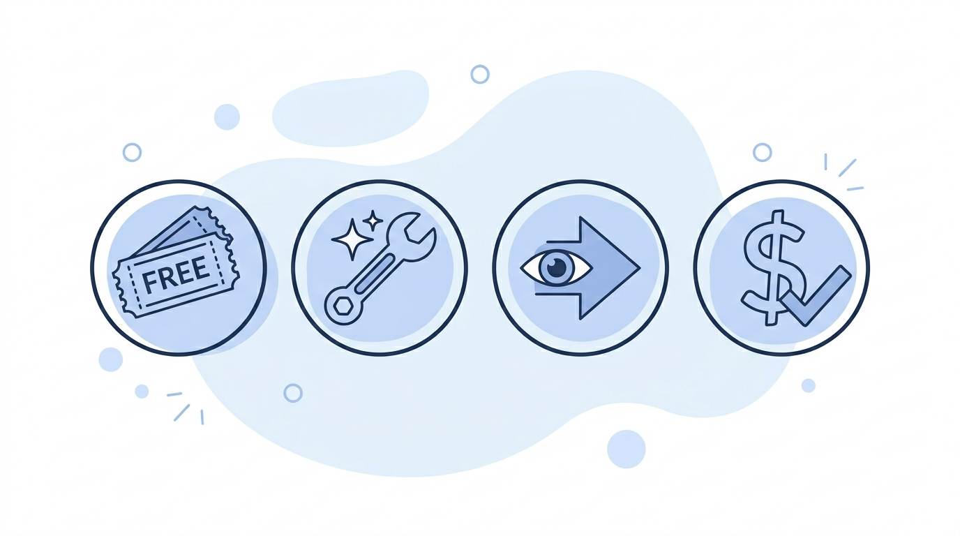 Four flat icons: free platform, free tools, free traffic, free monetization – what blogging without a budget means