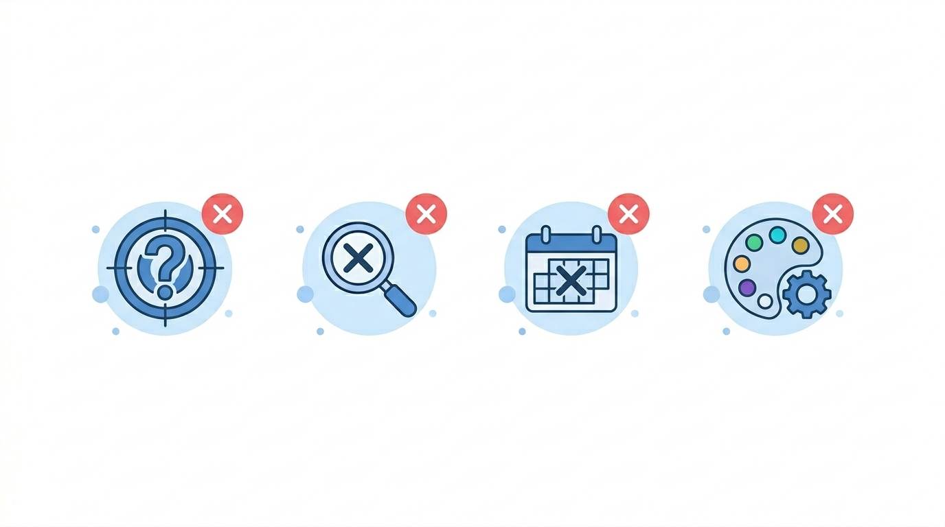 Four flat icons with red X: no niche, no SEO, no consistency, design obsession – common blogging mistakes
