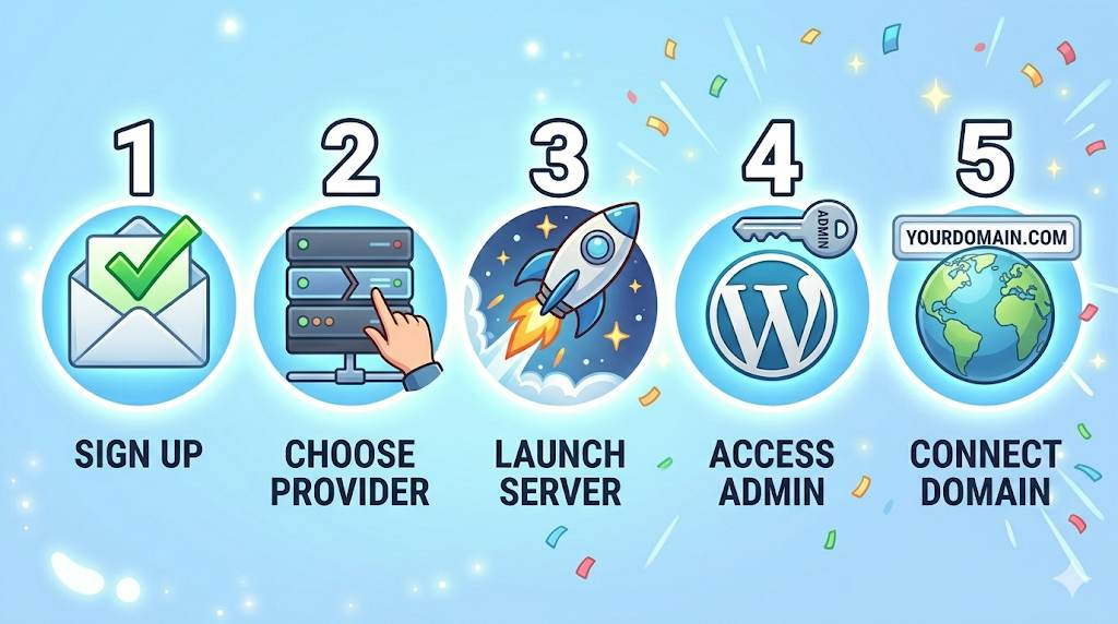 Anime style 5 steps to set up Cloudways for beginners – sign up, choose provider, launch, access, connect domain