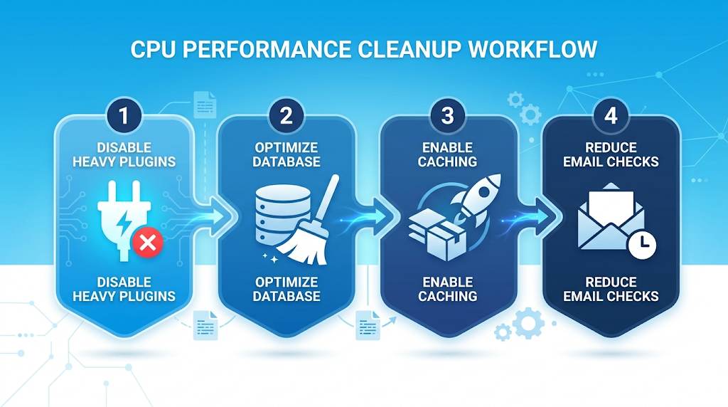 4-step workflow to fix Bluehost CPU limit: disable plugins, optimize database, enable caching, reduce email checks