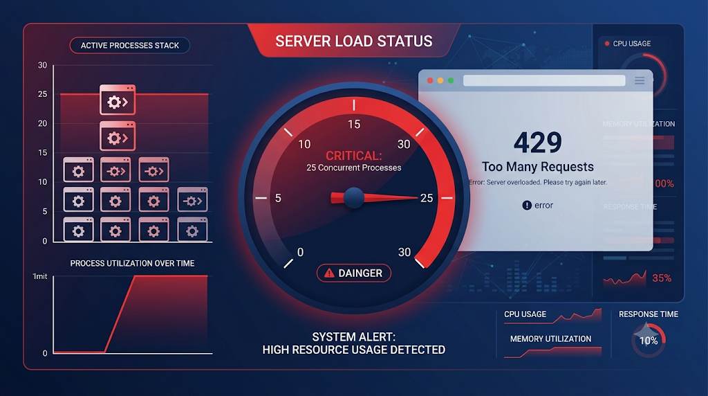 Bluehost CPU limit 25-process trap dashboard showing warning gauge and error 429