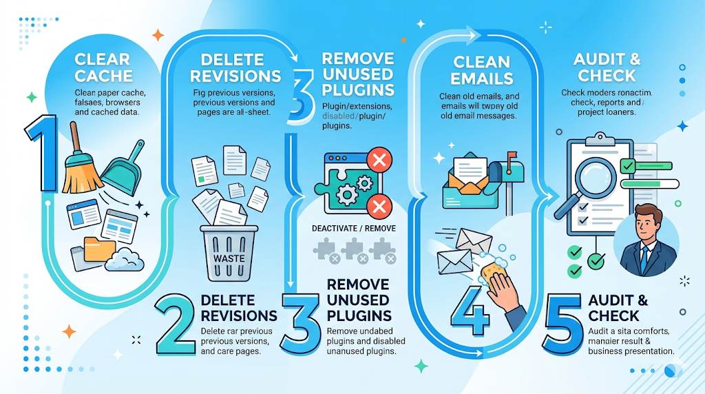 5-step workflow to fix Bluehost Inode limit showing cleanup process from cache clearing to final audit