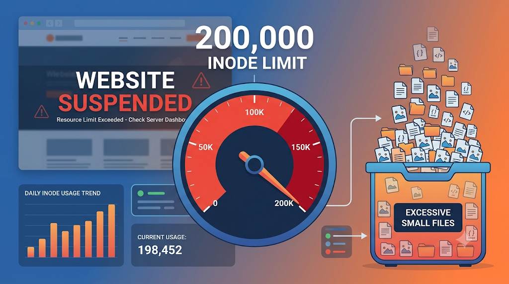 Bluehost Inode Limit dashboard showing 200,000 file cap warning gauge in red zone