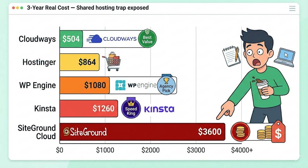 Horizontal bar chart illustration. 5 colorful bars representing total cost over 3 years: Cloudways $504 (smallest bar), Hostinger $864, WP Engine $1080, Kinsta $1260, SiteGround Cloud $3600 (largest bar). A shocked anime character pointing at SiteGround bar. Text: "3-Year Real Cost — Shared hosting trap exposed"