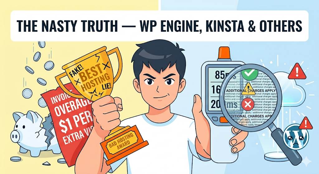 Split scene: left side shows a smiling hosting provider hiding a giant invoice labeled "Overage Fee $1 per 1k visits" behind their back. Right side shows a magnifying glass revealing the fine print. A sad WordPress site with a warning symbol. Text: "The Nasty Truth — WP Engine, Kinsta & others"