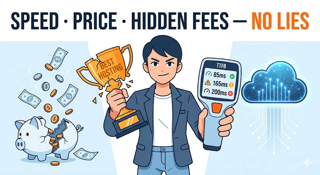 Anime character crushing a fake "Best Hosting" award with one hand while holding a speed radar showing 85ms vs 165ms vs 200ms TTFB. Background has shattered piggy bank and a glowing cloud. Text: "Speed · Price · Hidden Fees — No Lies"