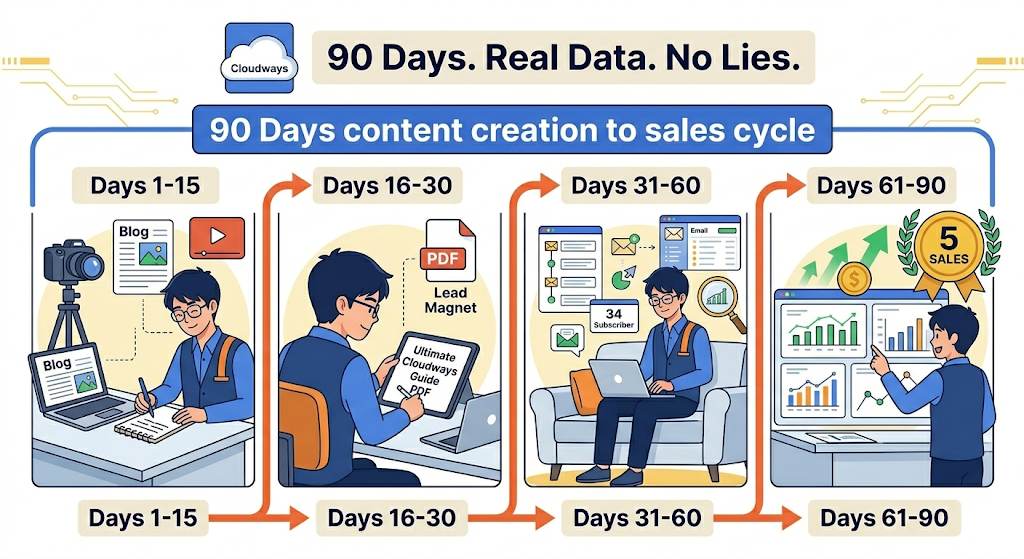A horizontal timeline with 4 steps. Step 1 (Days 1-15): person writing article and filming video. Step 2 (Days 16-30): person building a lead magnet (PDF). Step 3 (Days 31-60): person sending emails from a laptop. Step 4 (Days 61-90): person analyzing charts and celebrating 3-5 sales. Connected by arrows.