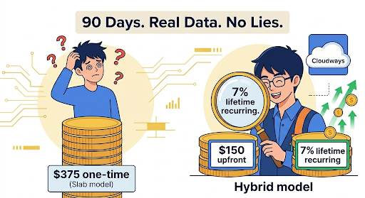 Two characters standing on different stacks of coins. Left character (Slab) stands on a single tall stack labeled "$375 one-time". Right character (Hybrid) stands on two stacks: one labeled "$150 upfront" and a growing stack labeled "7% lifetime recurring". Right character smiling. Text: "Hybrid Wins Always".