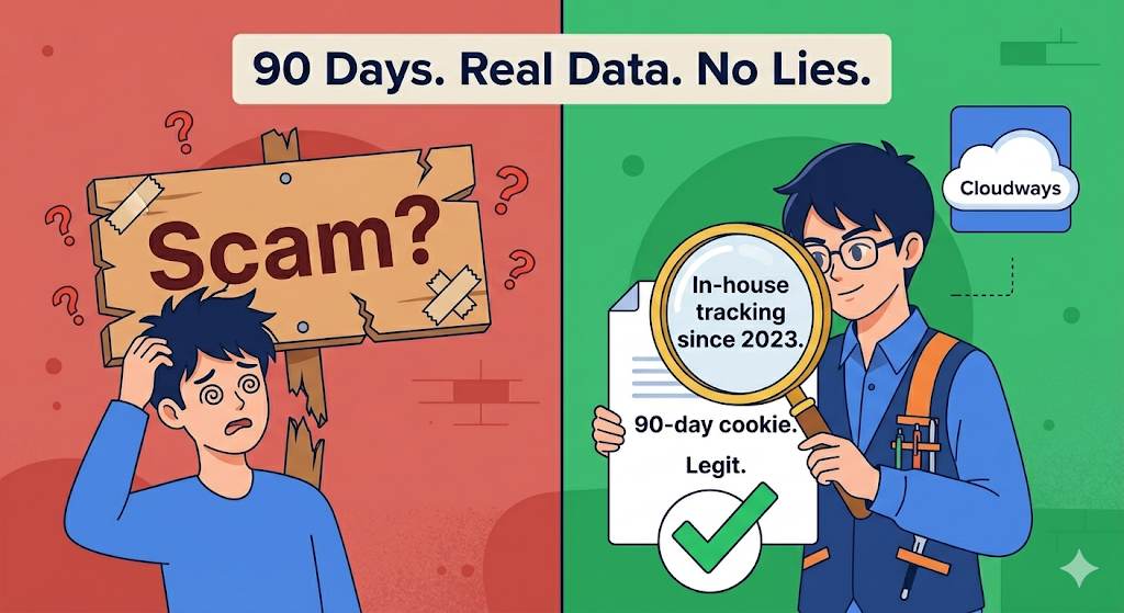 Split scene: left side shows a confused character looking at a broken "Scam?" sign with question marks. Right side shows a detective character with magnifying glass revealing a document that says "In-house tracking since 2023. 90-day cookie. Legit." Green checkmark overlay.