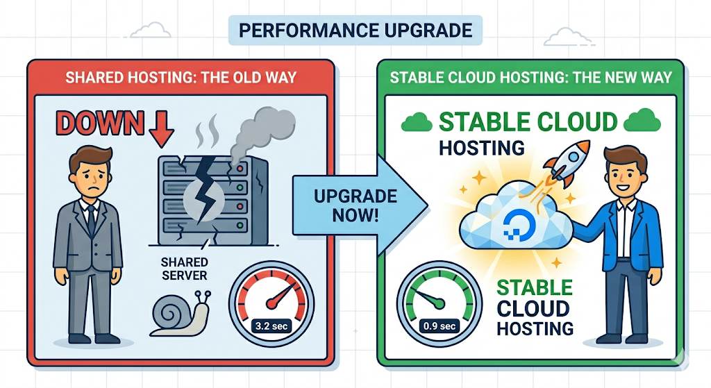 Split screen comparison between slow shared hosting with down arrow and 3.2s vs fast stable cloud hosting with rocket and 0.9s