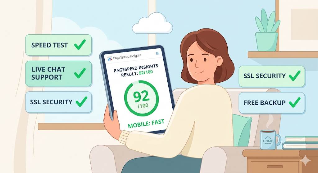 Person holding tablet with Google PageSpeed score 92 and checklist items: speed test, live chat support, SSL security, free backup