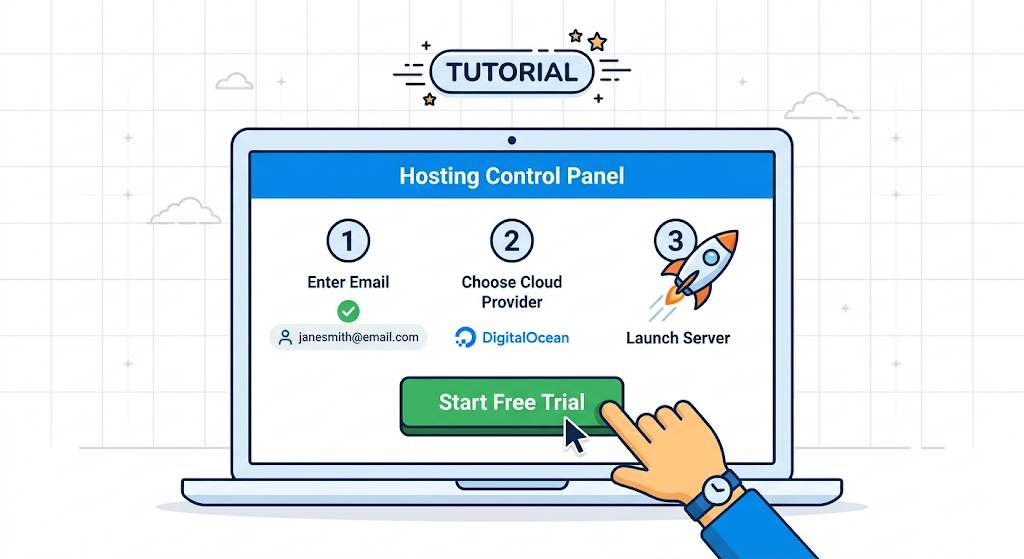 Laptop screen showing step-by-step tutorial to activate Cloudways free trial: enter email, choose cloud provider, launch server with rocket icon