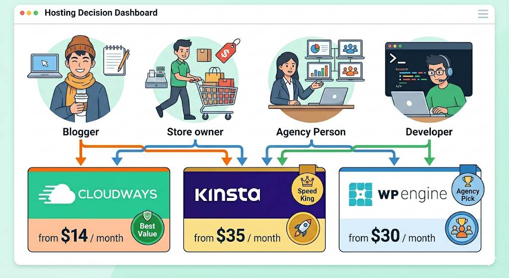 Clean flat dashboard showing a decision flowchart. Four user avatars: blogger (hat), store owner (cart), agency (multiple screens), developer (terminal). Arrows pointing to different cloud providers: Cloudways $14, Kinsta $35, WP Engine $30. Text badges: "Best Value" / "Speed King" / "Agency Pick". Background soft gradient.